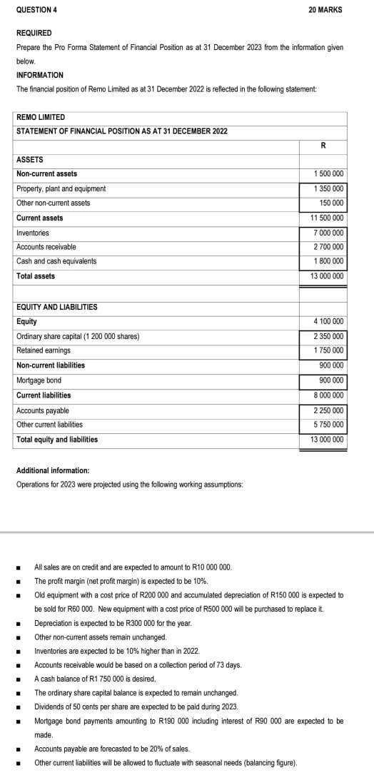  QUESTION 4 20 MARKS REQUIRED Prepare the Pro Forma Statement of