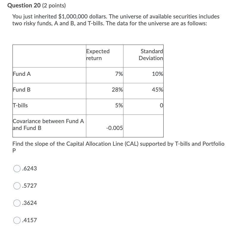 Question 20 (2 points) You just inherited $1,000,000 dollars. The universe