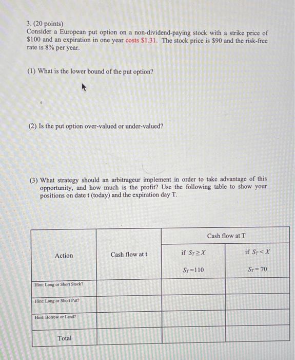  only part 3 3. (20 points) Consider a European put option
