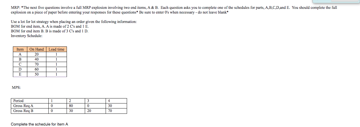 end items, A & B. Each question asks you to complete one