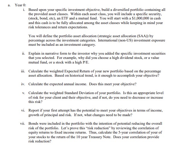  a. Year 0 : i. Based upon your specific investment objective,