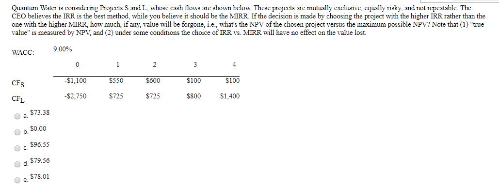 Quantum Water is considering Projects S and L, whose cash flows
