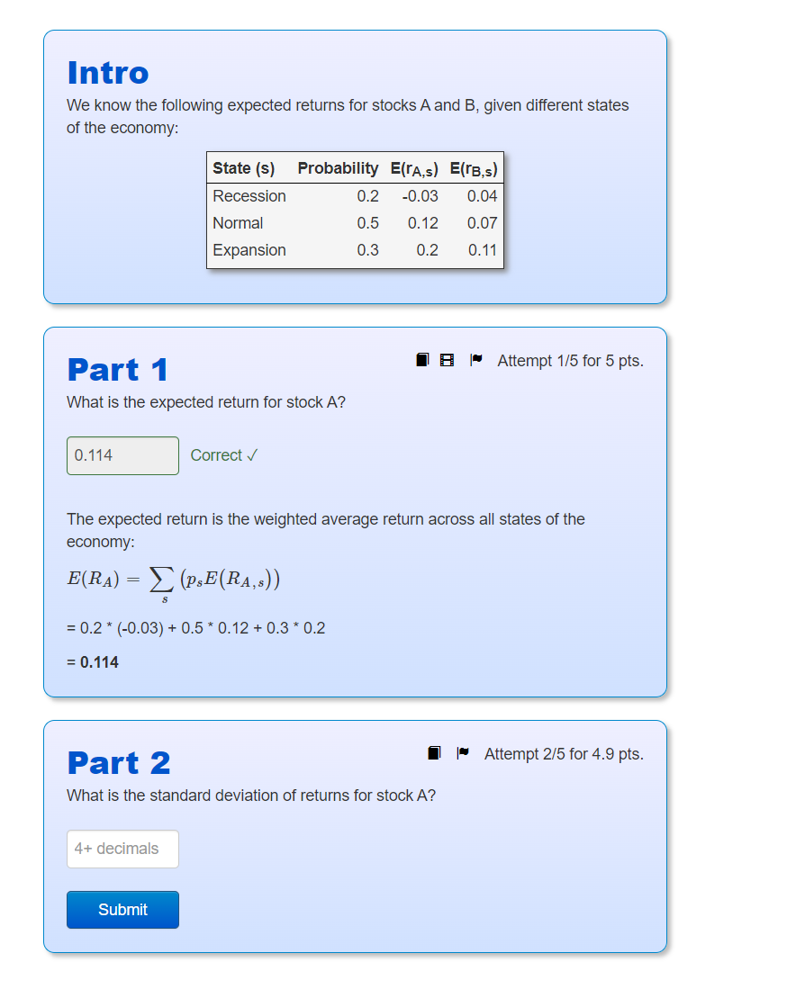  Intro We know the following expected returns for stocks A and
