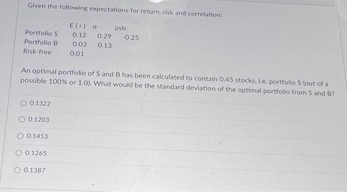  23 Given the following expectations for return, risk and correlation: An