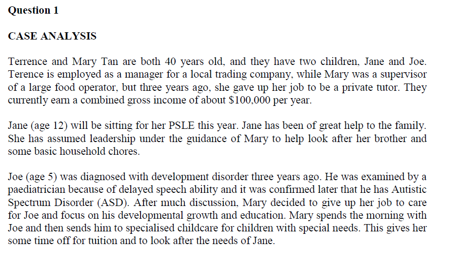  Question 1 CASE ANALYSIS Terrence and Mary Tan are both 40