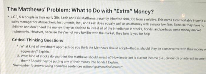  The Matthews' Problem: What to Do with "Extra" Money? - LG3,5