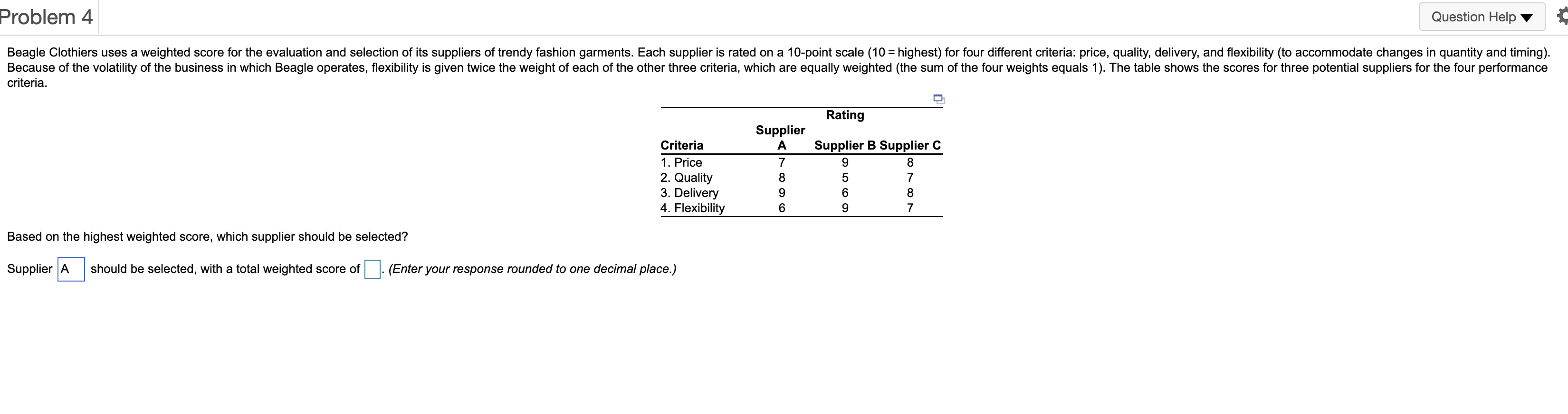  Problem 4 Question Help Beagle Clothiers uses a weighted score for