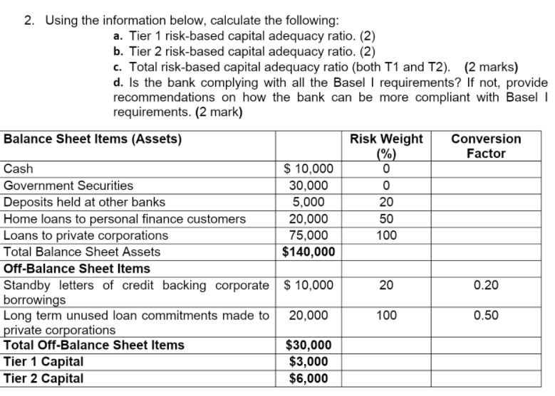2. Using the information below, calculate the following: a. Tier 1