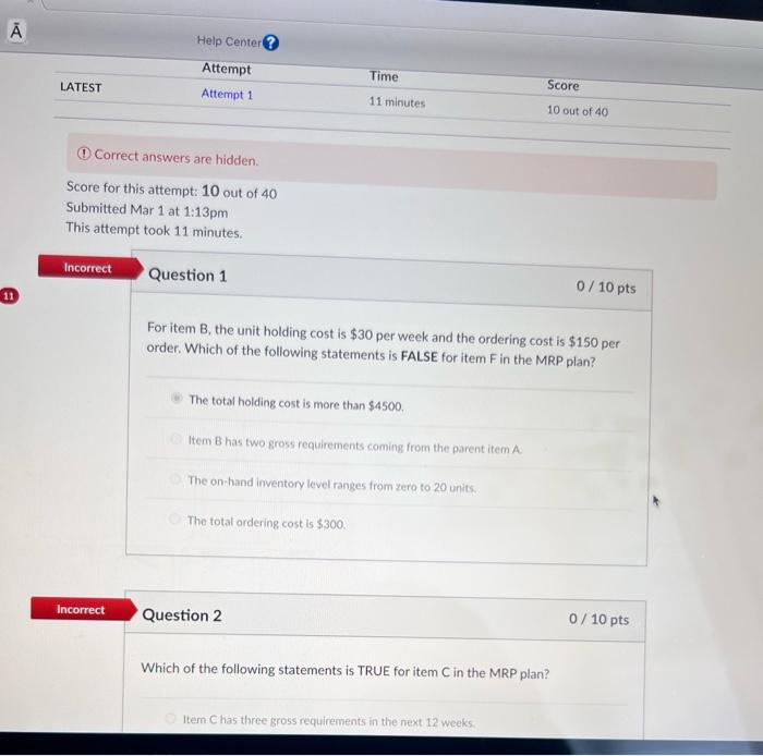 help(: (1) Correct answers are hidden. Score for this attempt: 10 out