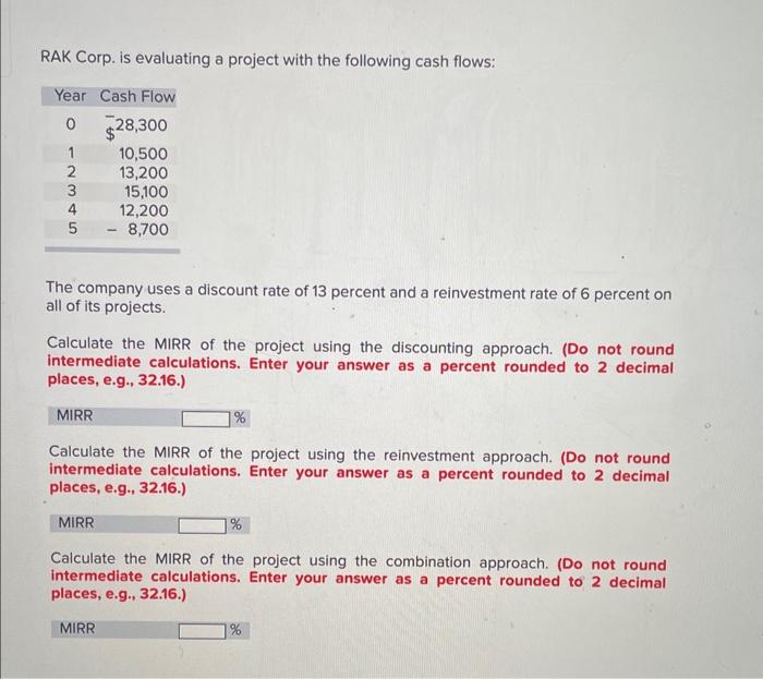 help! RAK Corp. is evaluating a project with the following cash flows: