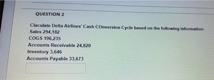  QUESTION 2 Claculate Delta Airlines' Cash Conversion Cycle based on the