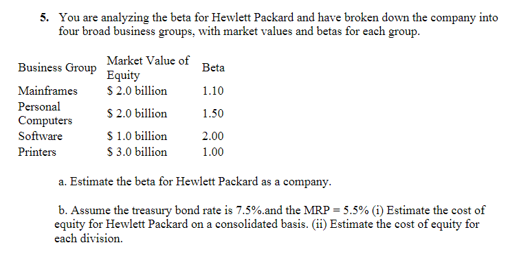 5. You are analyzing the beta for Hewlett Packard and have