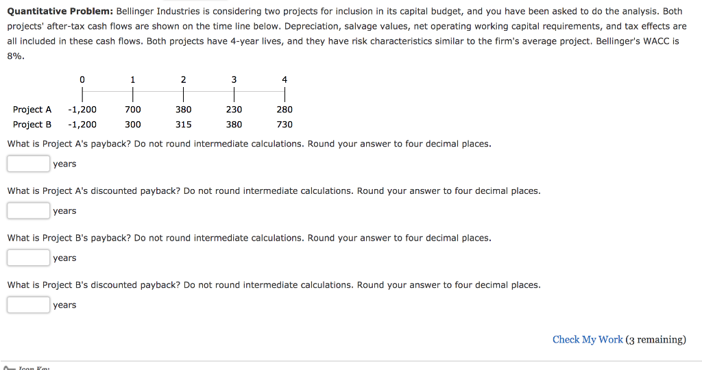 Quantitative Problem: Bellinger Industries is considering two projects for inclusion in