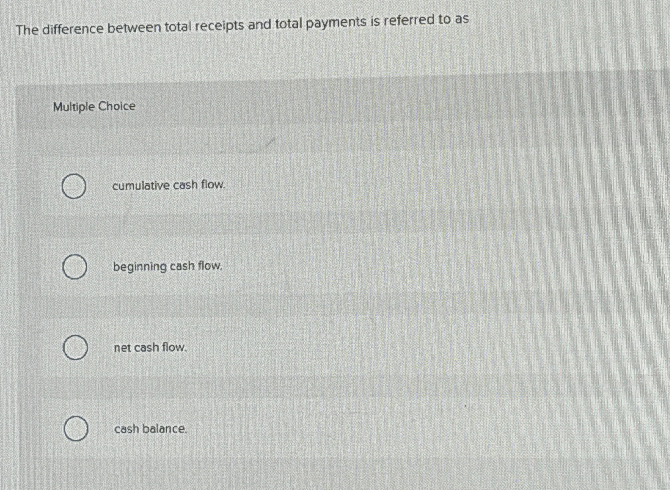  The difference between total receipts and total payments is referred to