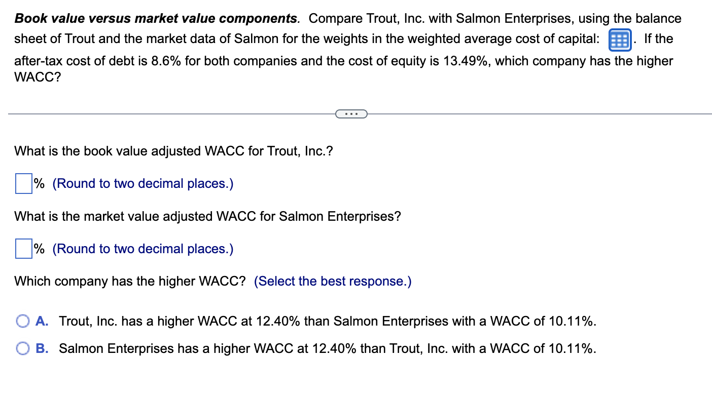 Book value versus market value components. Compare Trout, Inc. with Salmon