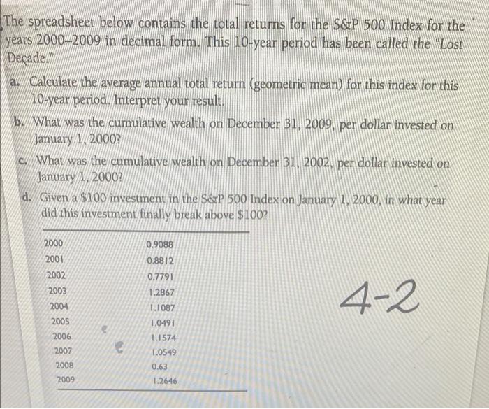  The spreadsheet below contains the total returns for the S&P 500