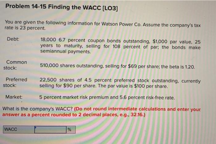  Problem 14-15 Finding the WACC (LO3] You are given the following
