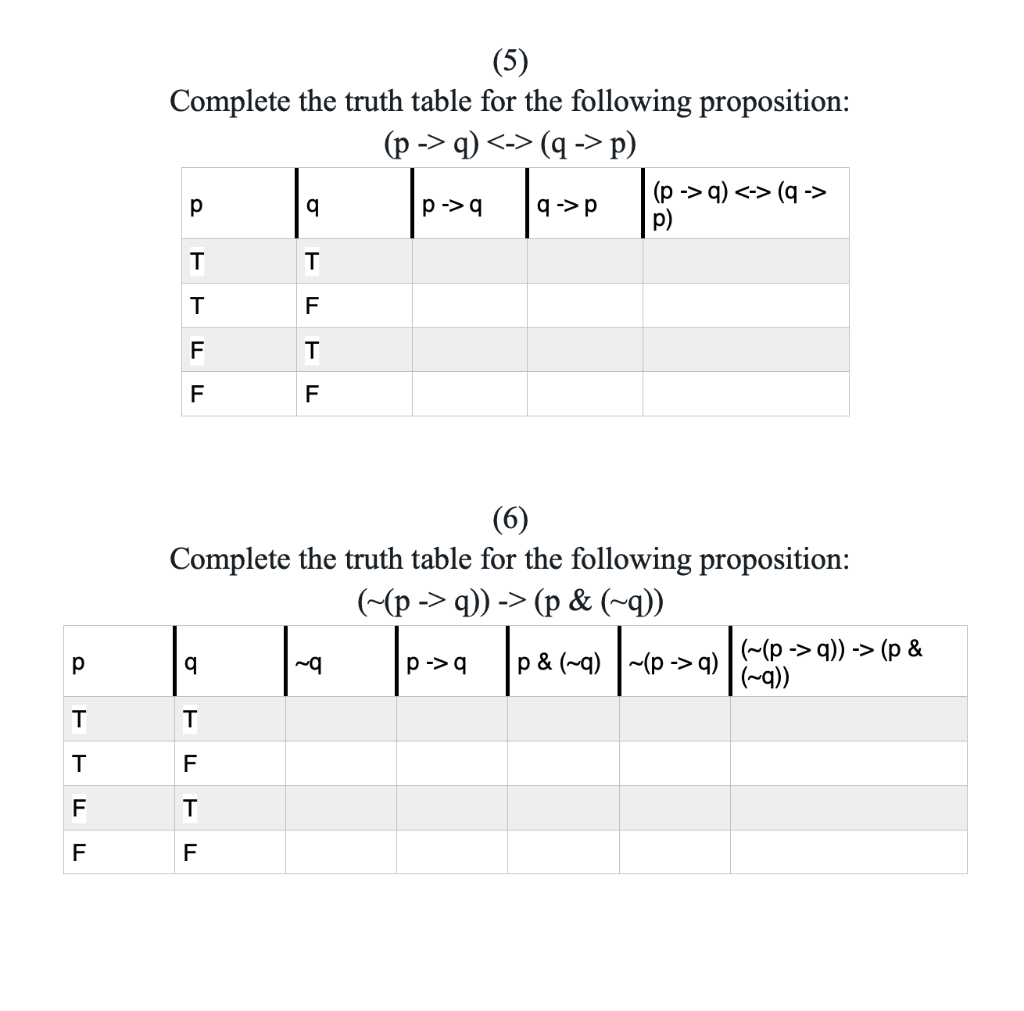  (5) Complete the truth table for the following proposition: (p ->q)