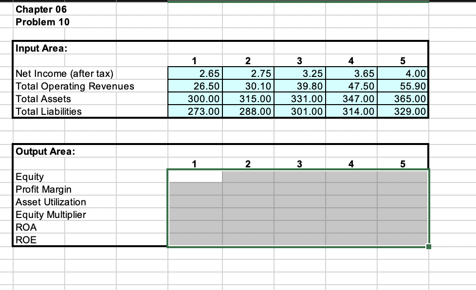  Chapter 06 Problem 10 Input Area: Net Income (after tax) Total