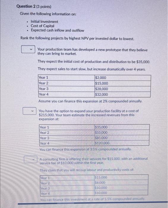  Question 2 (3 points) Given the following information on: . Initial
