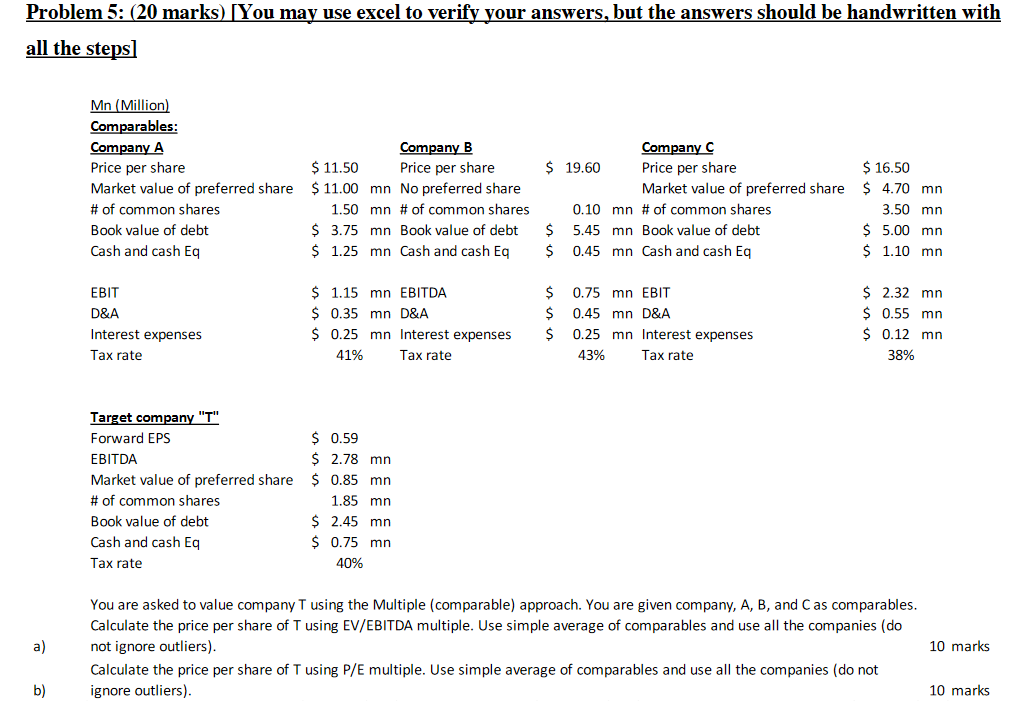  Problem 5: (20 marks) [You may use excel to verify your