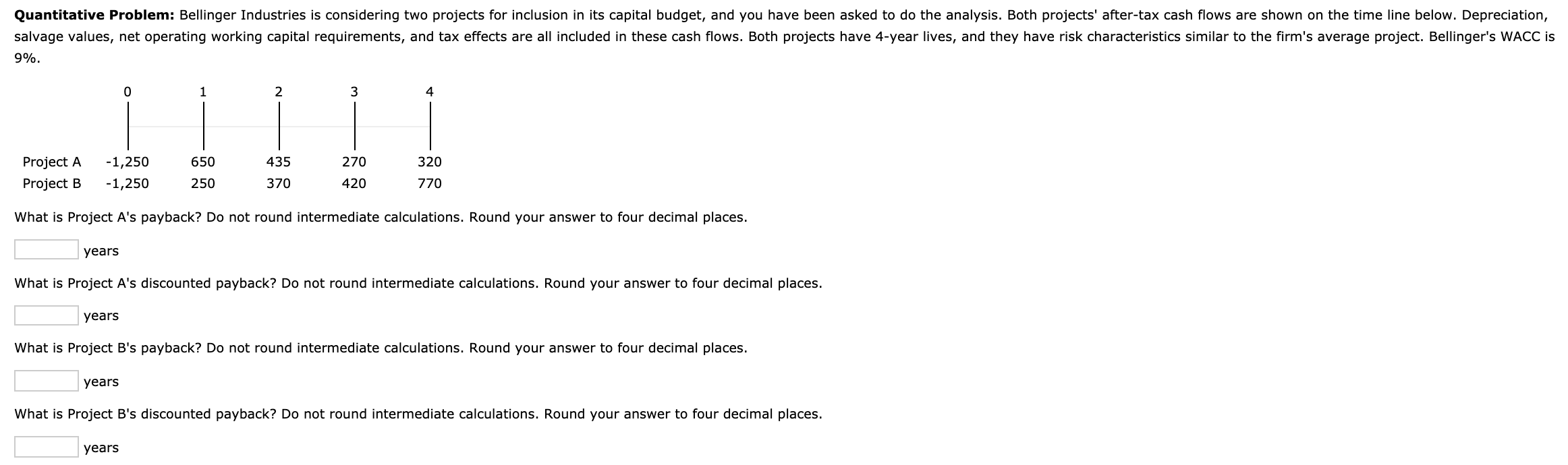 Quantitative Problem: Bellinger Industries is considering two projects for inclusion in