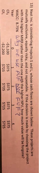  13) Nast Inc. is considering Projects S and L, whose cash