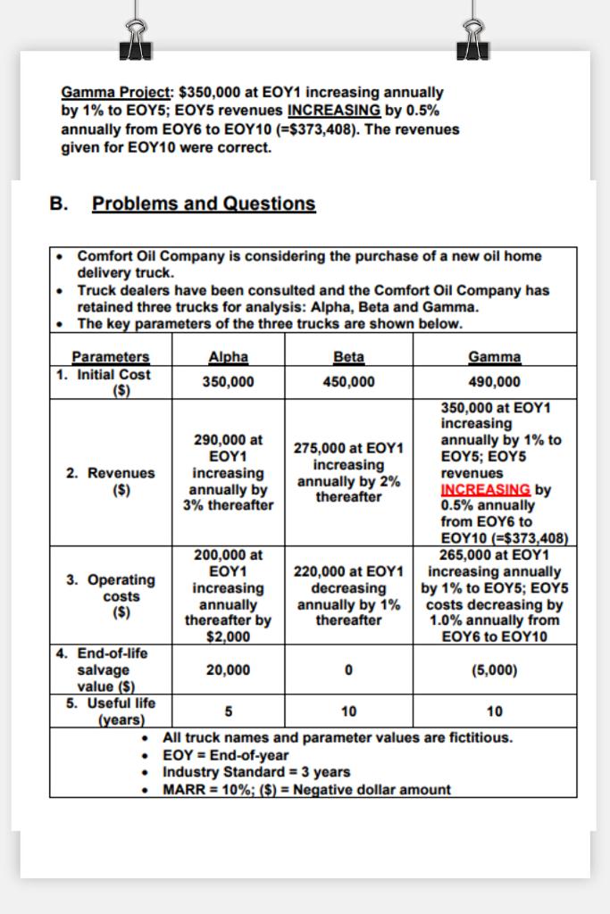  Gamma Project: $350,000 at EOY1 increasing annually by 1% to EOY5;