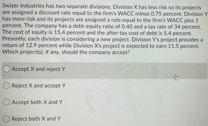  Swizer Industries has two separate divisions. Division X has less risk