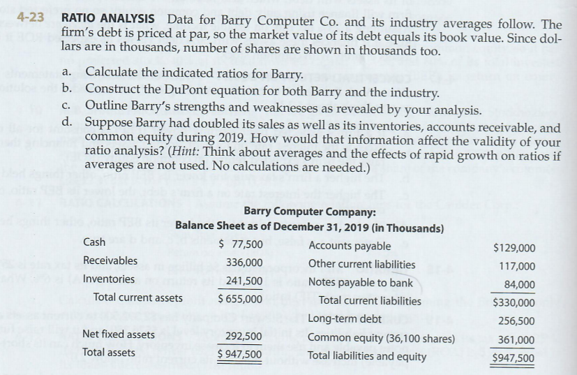 Need help with A 4-23 RATIO ANALYSIS Data for Barry Computer
