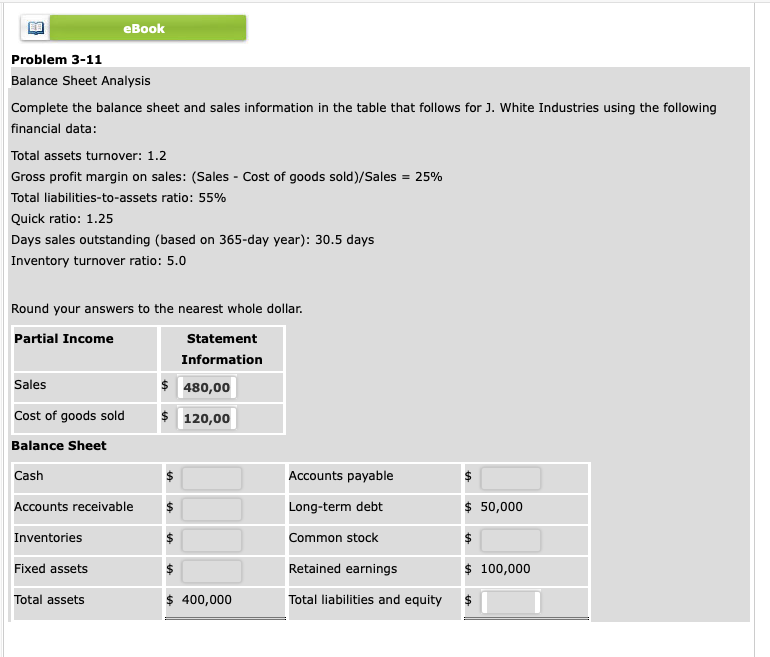  ook Problem 3-11 Balance Sheet Analysis Complete the balance sheet and