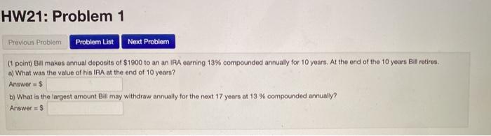  HW21: Problem 1 Previoun Problem Problem List Next Problem (point Bill