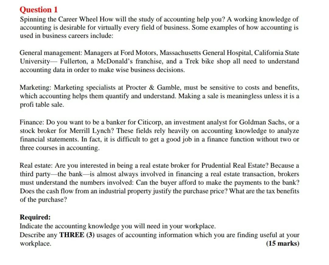  Question 1 Spinning the Career Wheel How will the study of