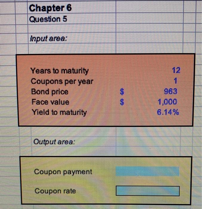  Chapter 6 Question 5 Input area: 1 Years to maturity Coupons