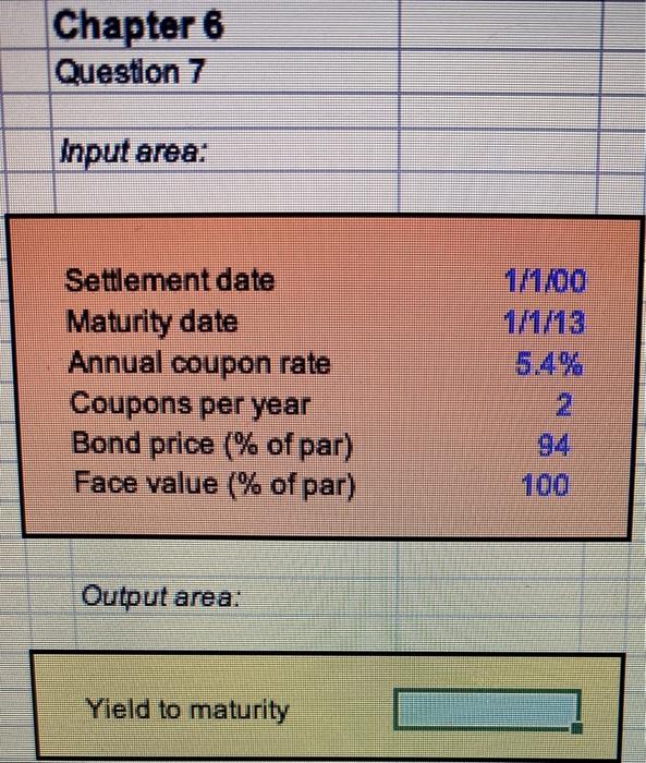 area: Coupon payment Coupon rate Chapter 6 Question 6 Input area: 1/1/00