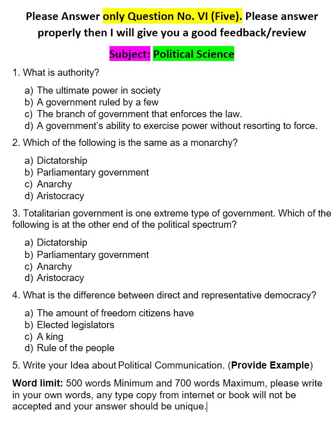 Please Answer only Question No. VI (Five). Please answer properly then I