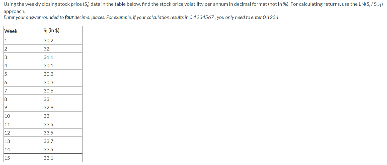 Using the weekly closing stock price (S;) data in the table
