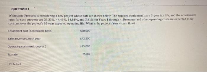  QUESTION 1 Whitestone Products is considering a new project whose data