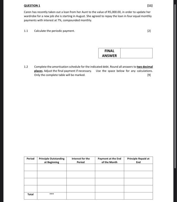 hi expert please answer 1.1 and 1.2 QUESTION 1 [11] Caren has