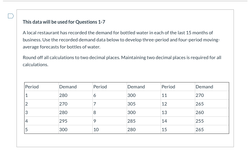 This data will be used for Questions 1-7 A local restaurant