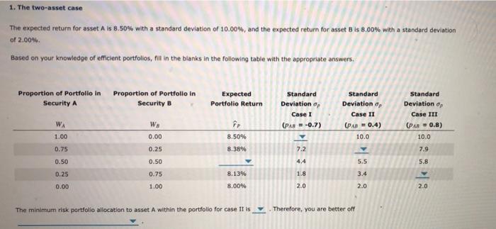  1. The two-asset case The expected return for asset Als 6.50%