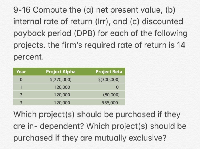  9-16 Compute the (a) net present value, (b) internal rate of