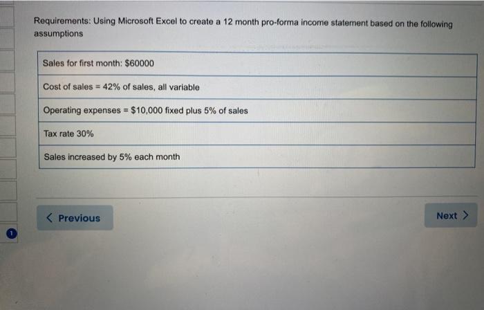  Requirements: Using Microsoft Excel to create a 12 month pro-forma income