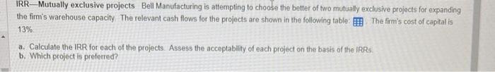  please show how to solve problem in Excel IRR-Mutually exclusive projects