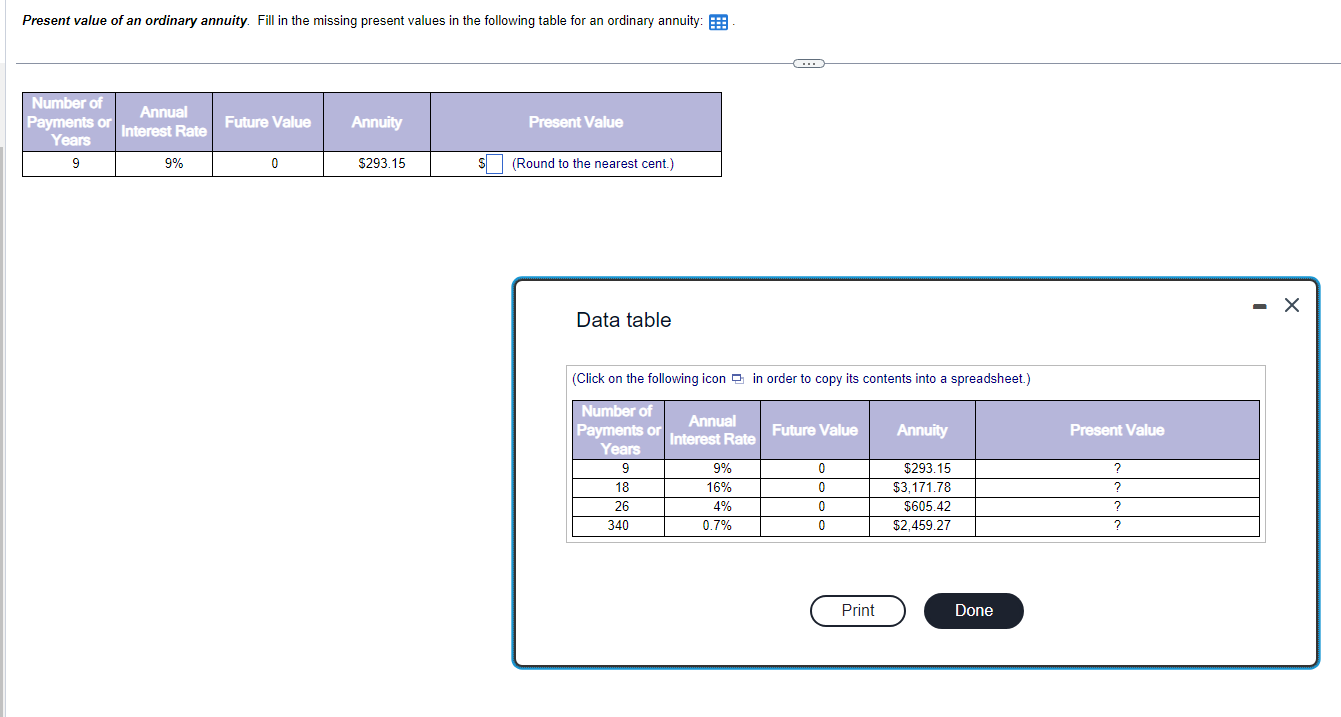 need all 4 present value answers please Present value of an ordinary