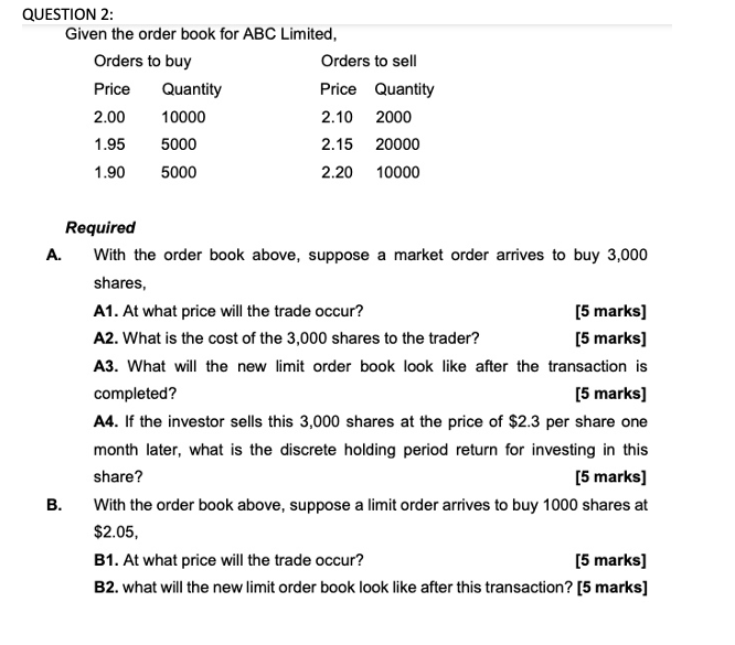 QUESTION 2: Given the order book for ABC Limited, Orders to