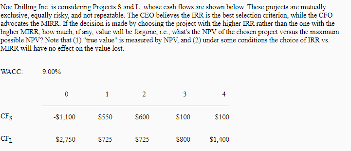  Noe Drilling Inc. is considering Projects S and L, whose cash