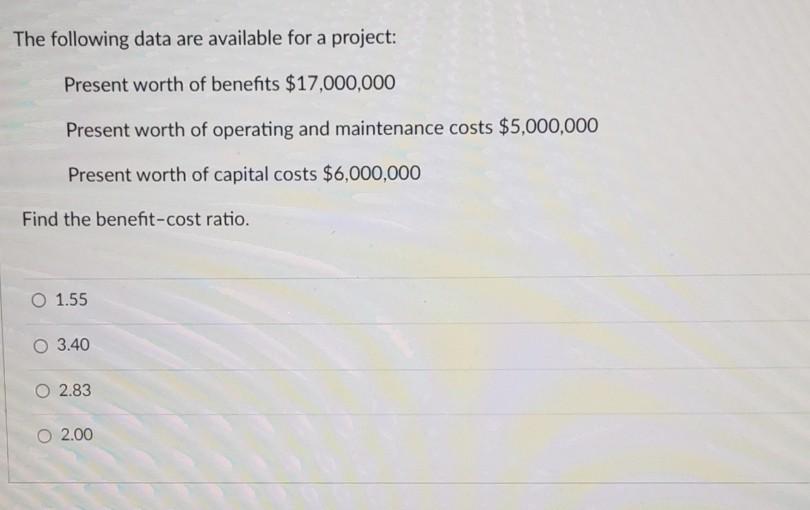  The following data are available for a project: Present worth of
