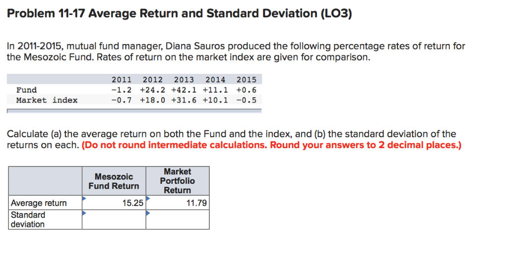 Problem 11-17 Average Return and Standard Deviation (LO3) In 2011-2015, mutual fund