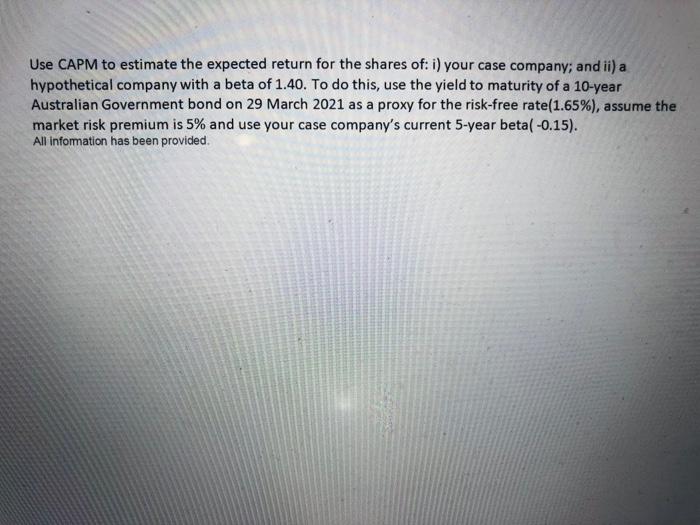  Use CAPM to estimate the expected return for the shares of: